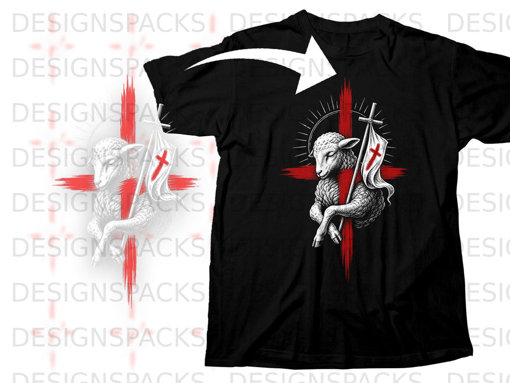 Black t-shirt featuring a lamb with a red cross flag on a red cross background.