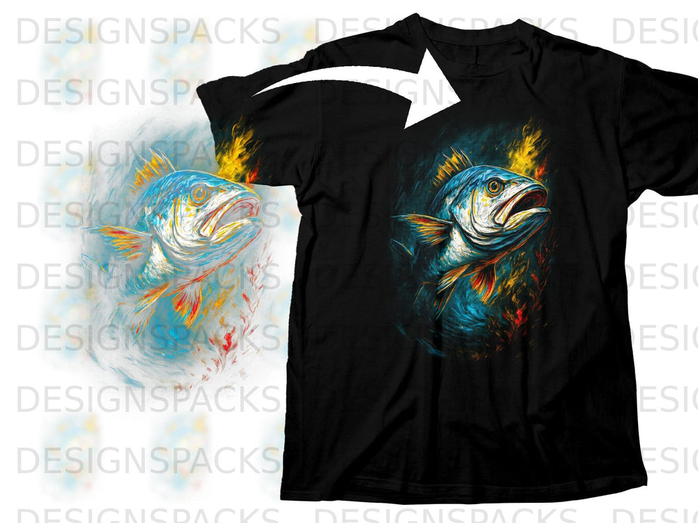 Black t-shirt featuring a vibrant, stylized fish graphic with fiery accents.