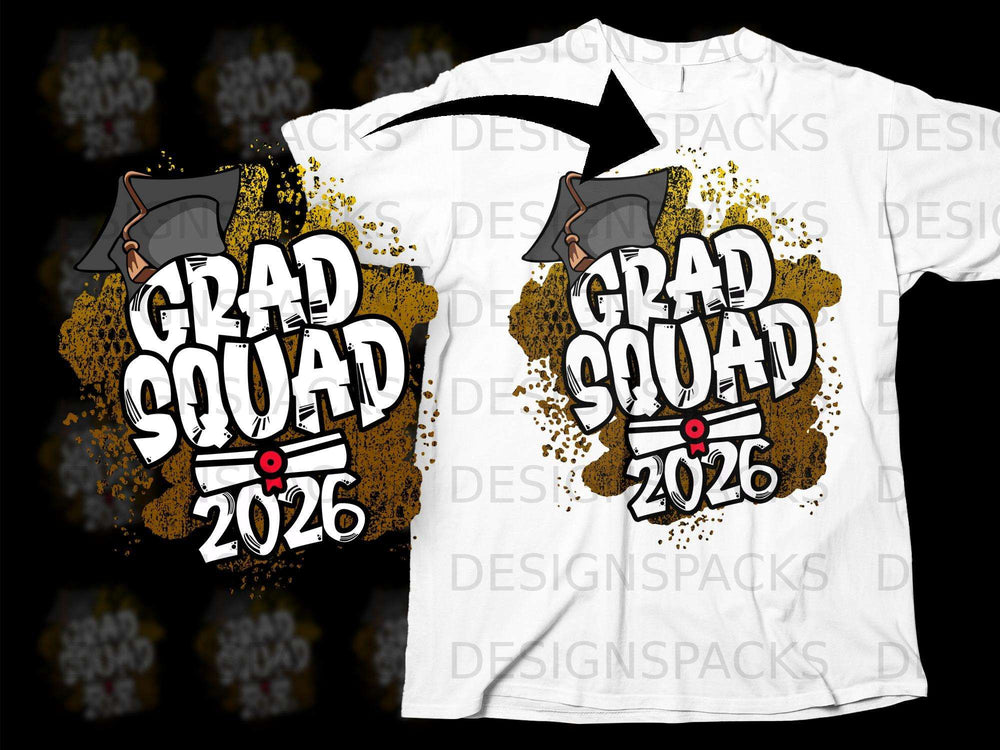 Grad Squad 2026 graduation design with mortarboard and diploma.