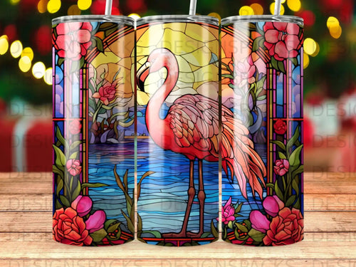 Flamingo in stained glass design on a tumbler.