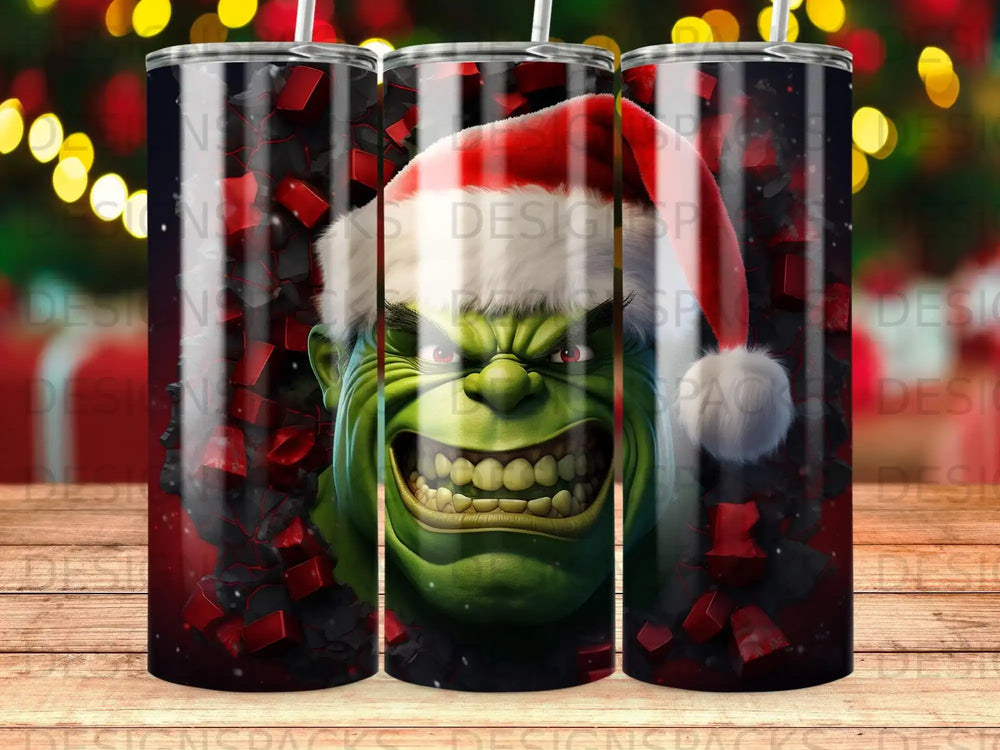 Hulk wearing a Santa hat, snarling, with red and black abstract background.