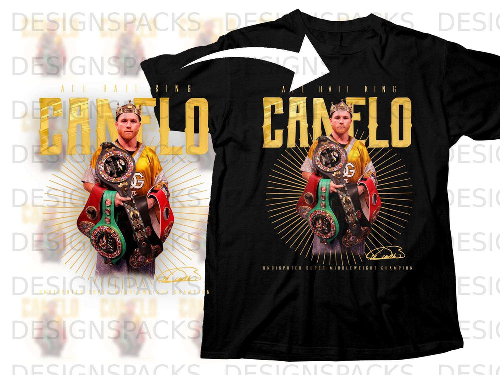 Canelo Alvarez "All Hail King" boxing championship t-shirt design.