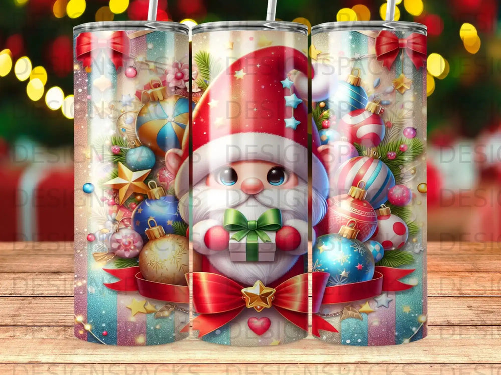 Santa Claus holding a gift surrounded by Christmas ornaments and festive decorations.