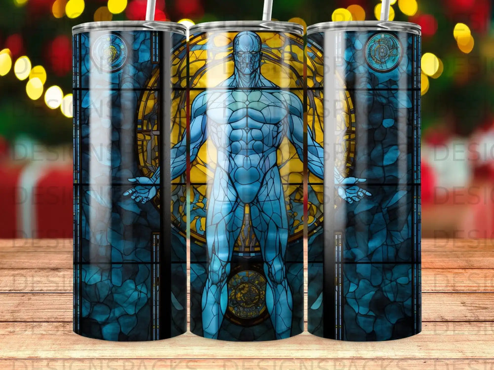 Stained glass design featuring a blue, muscular figure with outstretched arms.