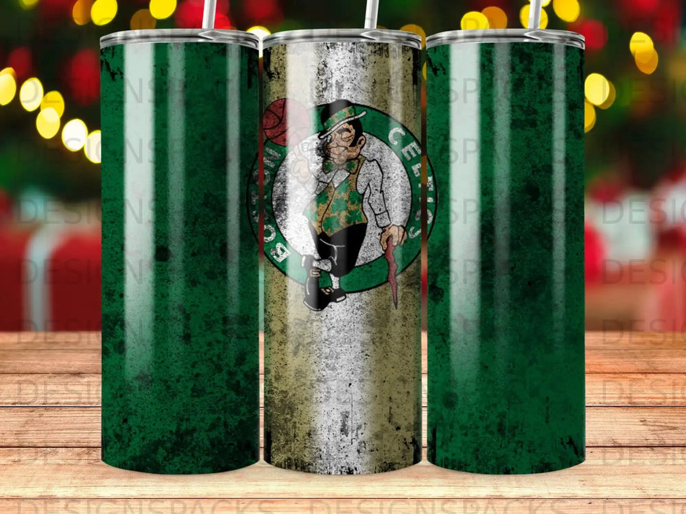 Boston Celtics logo on a distressed green and white tumbler.