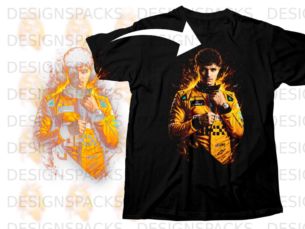 Black t-shirt featuring a vibrant graphic of a racing driver in an orange suit.