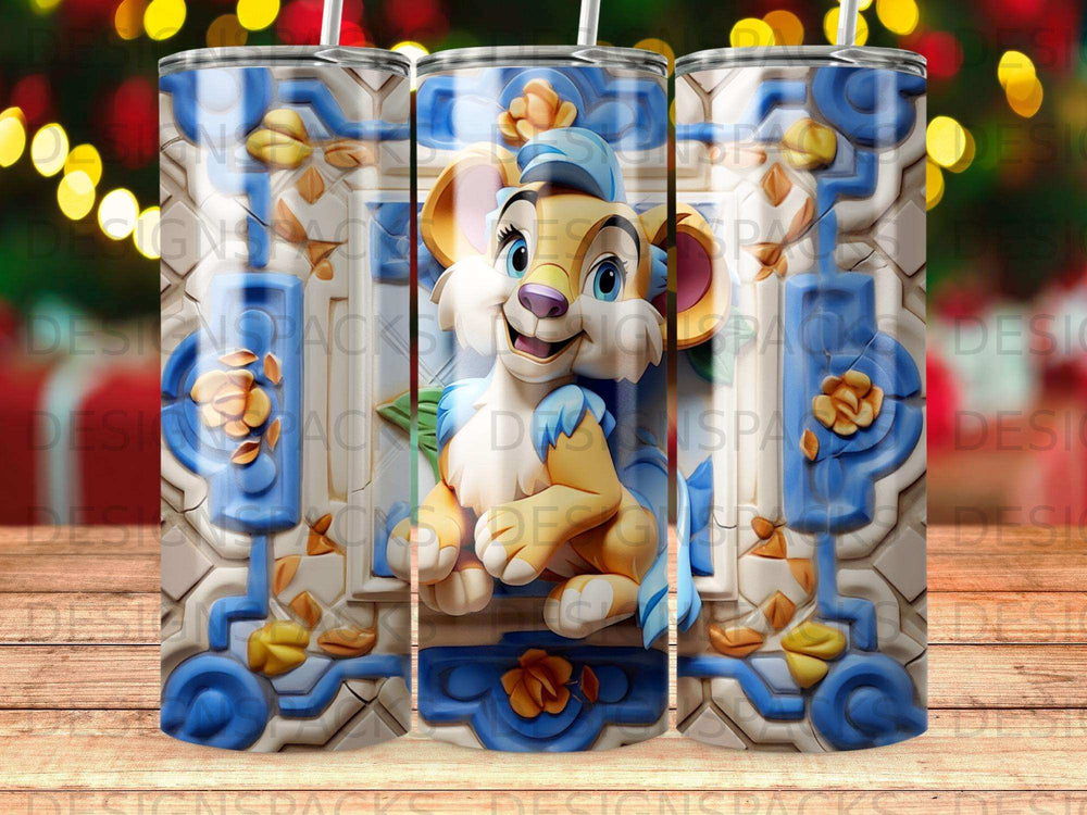 Blue and white ceramic tumbler with cartoon lion cub wearing a blue hat.