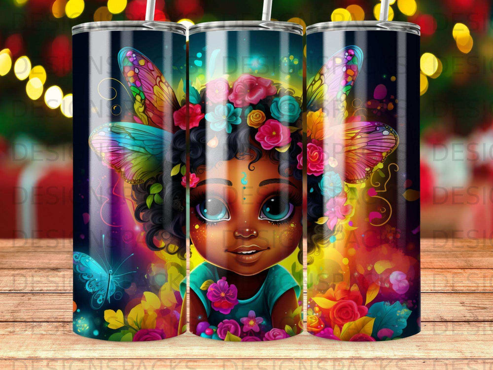 Colorful illustration of a girl with butterfly wings, flowers, and a butterfly.