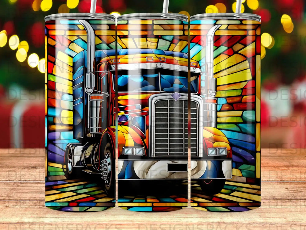 Colorful stained glass truck graphic on a tumbler.
