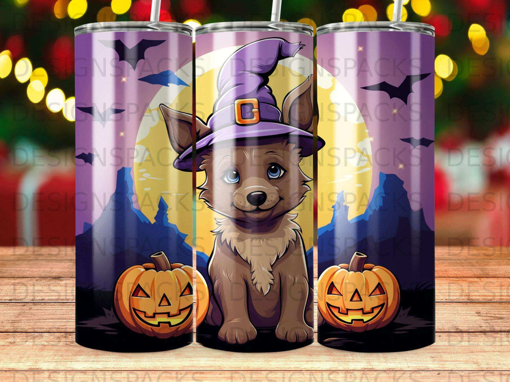 Chihuahua in witch hat with pumpkins on Halloween tumbler.