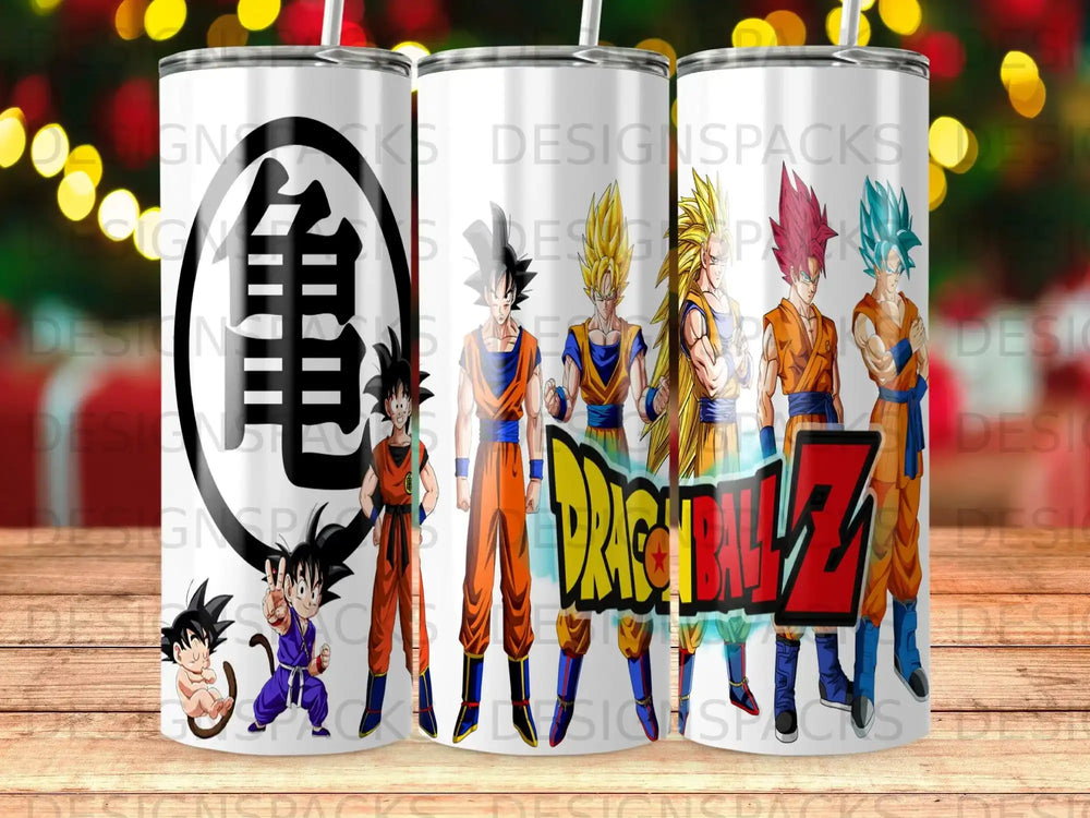 Dragon Ball Z characters Goku, Gohan, Vegeta, Piccolo, and Trunks on a tumbler.