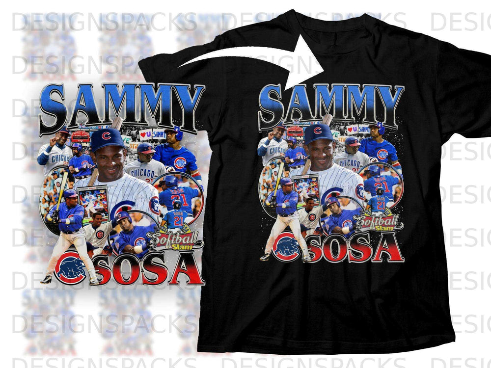 Sammy Sosa Chicago Cubs baseball shirt with player and stadium graphics.
