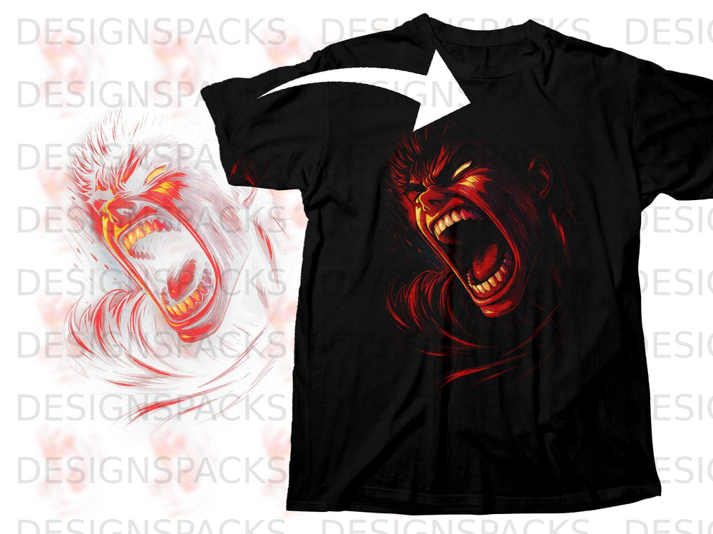 Black t-shirt with a graphic of a screaming, monstrous face in red and yellow.