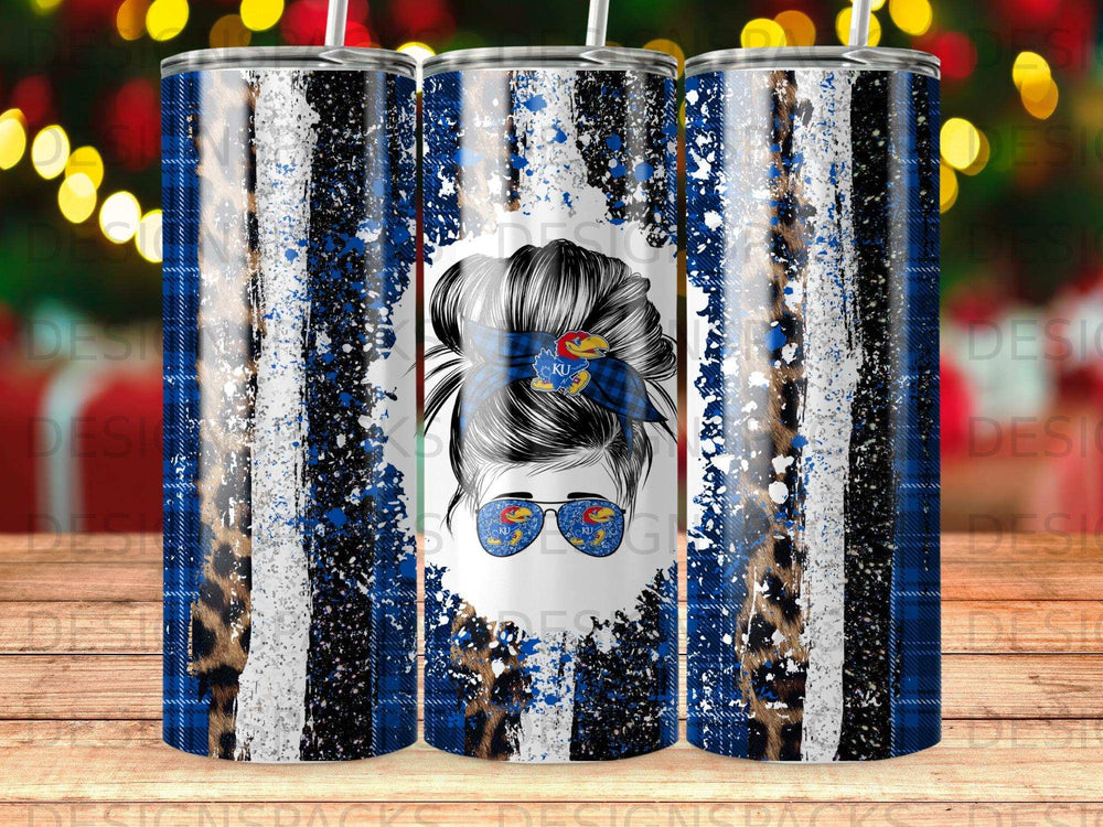 Blue and white plaid tumbler with Kansas Jayhawks logo and leopard print accents.