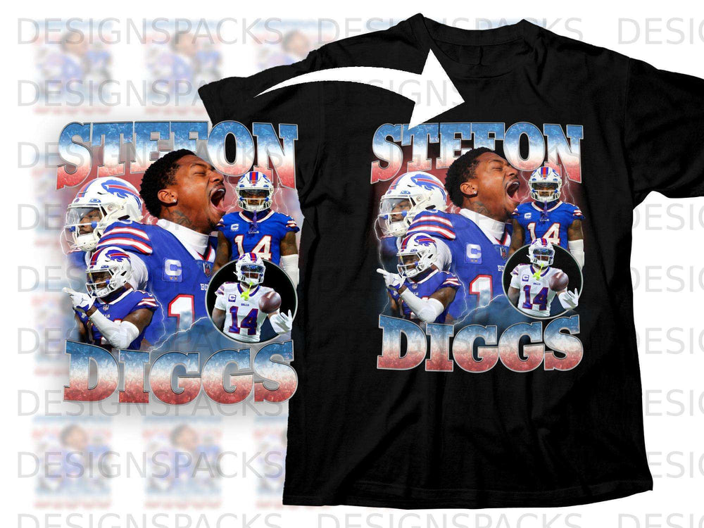 Black t-shirt with Stefon Diggs 14 Bills graphic and text.