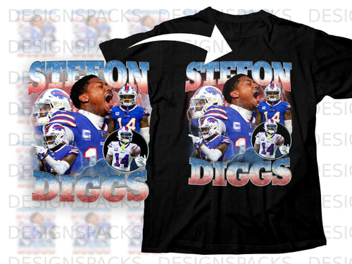 Black t-shirt with Stefon Diggs 14 Bills graphic and text.