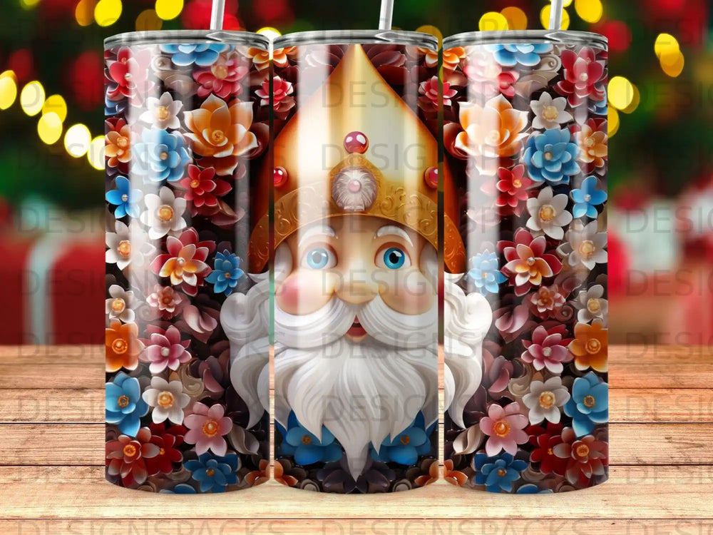 Santa Claus with floral accents on a cylindrical tumbler design.