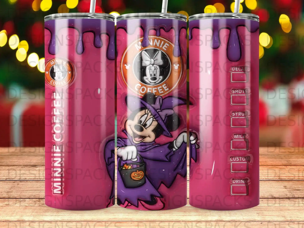 Minnie Mouse in a witch costume holding a pumpkin pail, with "Minnie Coffee" text.
