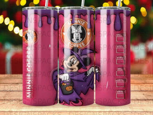 Minnie Mouse in a witch costume holding a pumpkin pail, with 