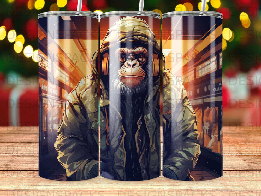 Gorilla wearing headphones and a hooded jacket, in front of a city scene.