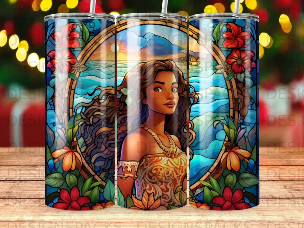 Animated girl with flowers and ocean scene on a tumbler.