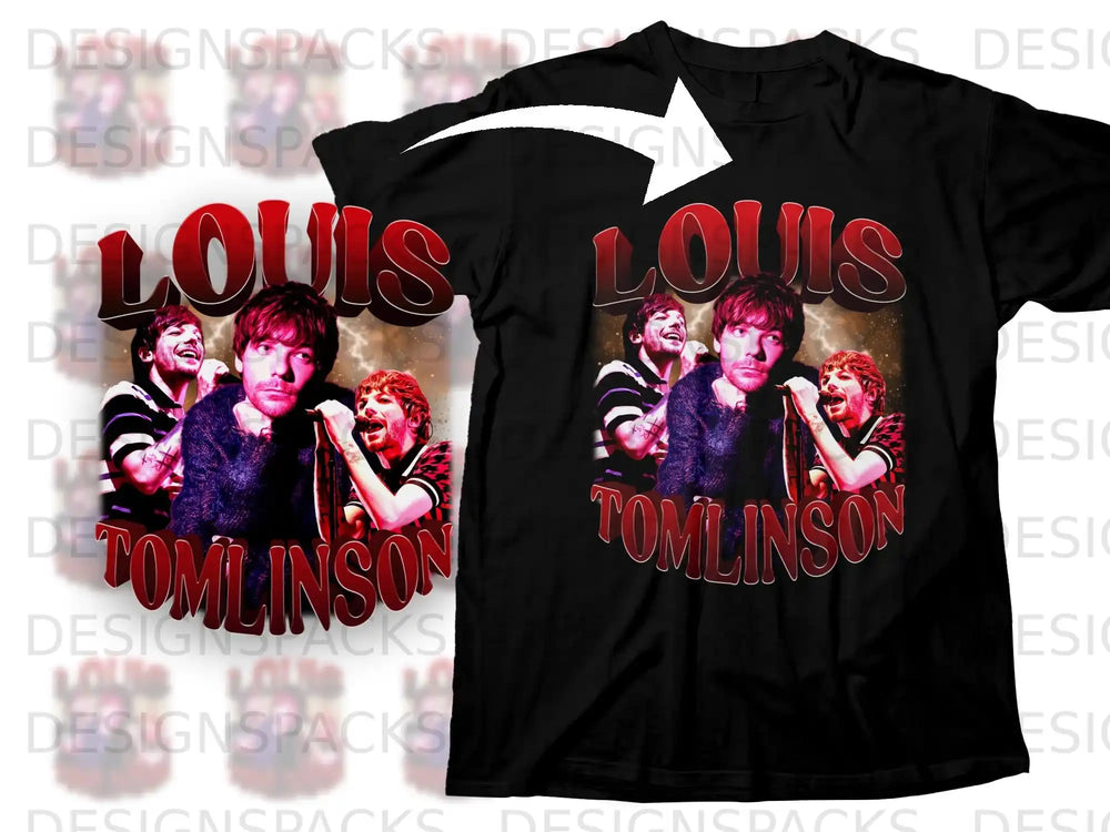 Black t-shirt featuring Louis Tomlinson in a vintage style graphic.