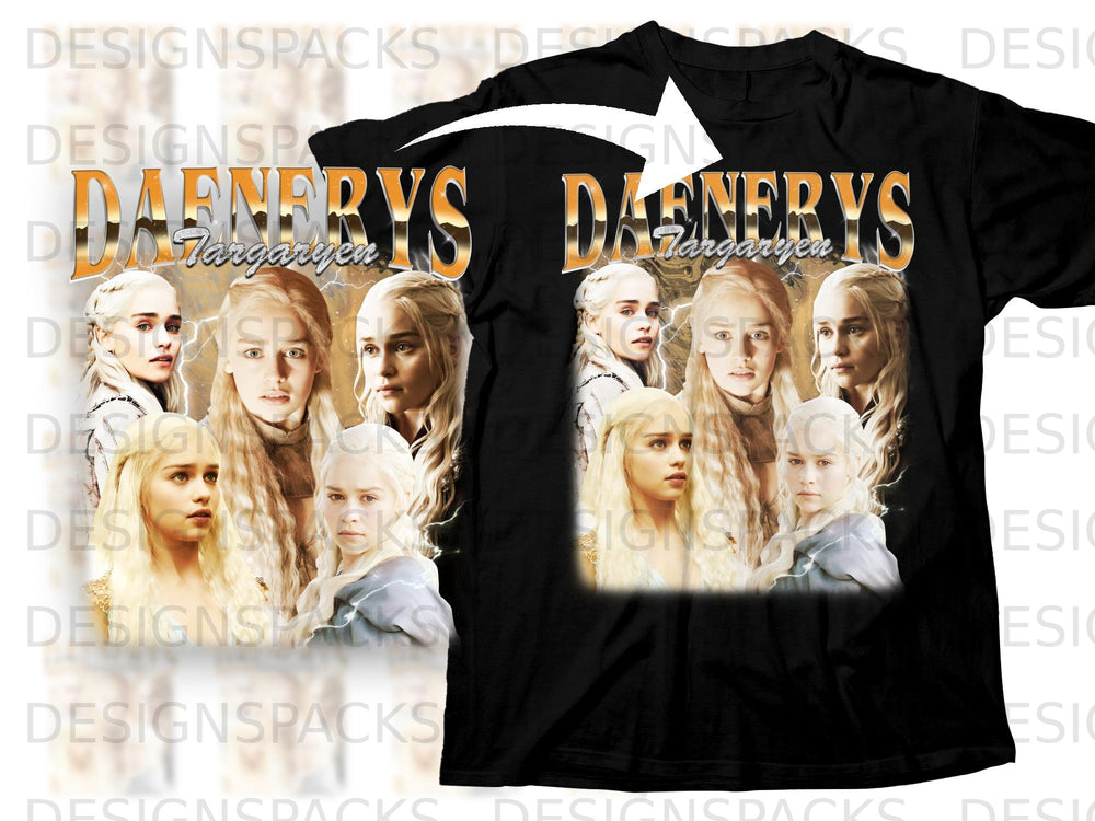 Daenerys Targaryen montage on a black t-shirt with lightning accents.
