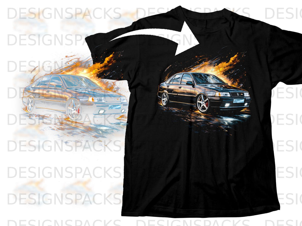 A black t-shirt printed with a graphic of a modified sedan surrounded by stylized flames.
