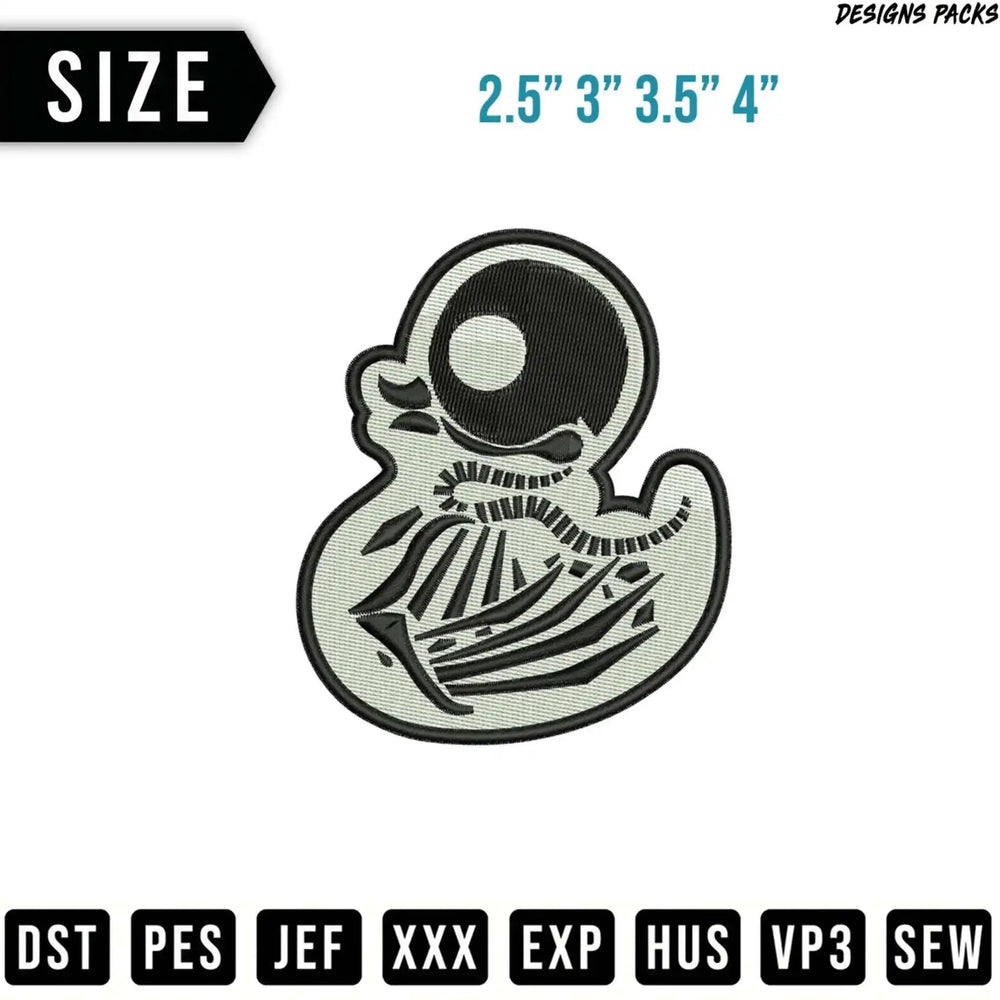 Skeleton duck embroidery design with size options and file formats.