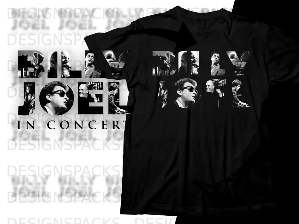T-shirt with collage of Billy Joel performing in concert.