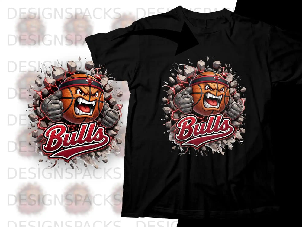 Black t-shirt featuring a cartoon basketball with angry face breaking through a wall.