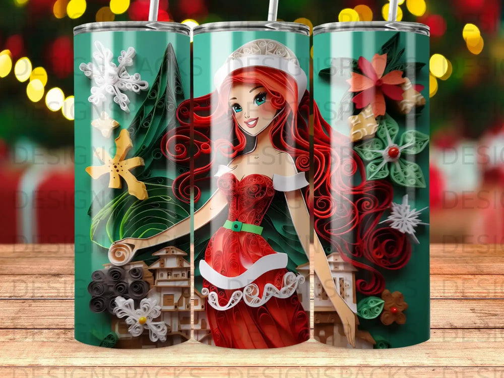 Christmas tumbler with a stylized cartoon girl in a Santa dress.