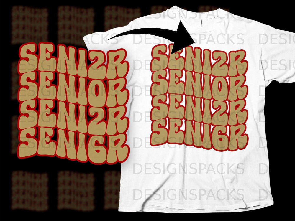 Gold and red "SENIOR" text repeated on a white t-shirt.