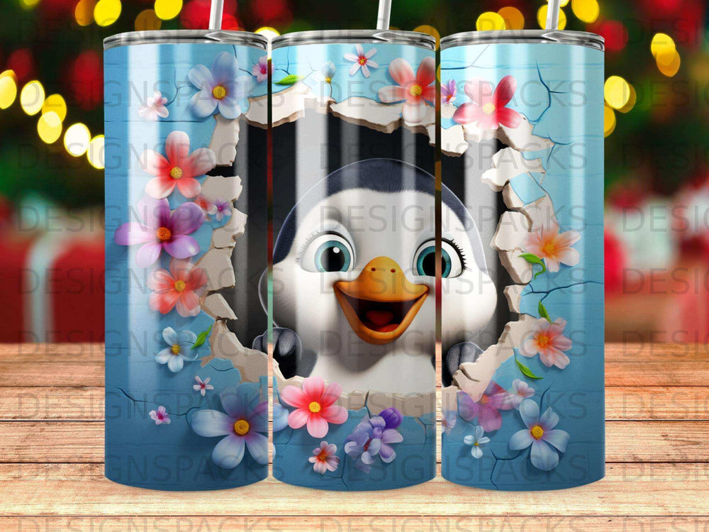 Penguin peeking through a cracked wall with flowers.