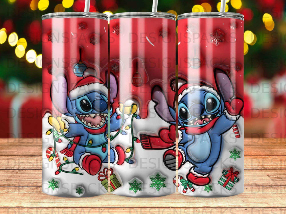 Stitch wearing a Santa hat and scarf, holding string lights and candy canes.