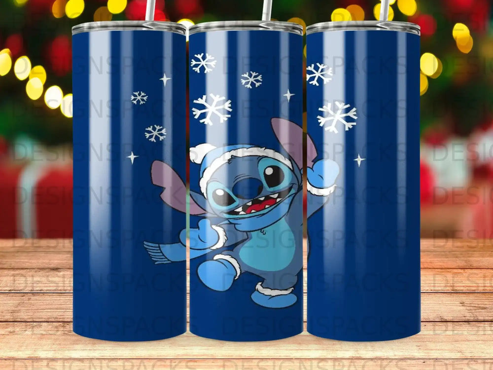 Stitch in Santa hat and scarf on a blue background with snowflakes.