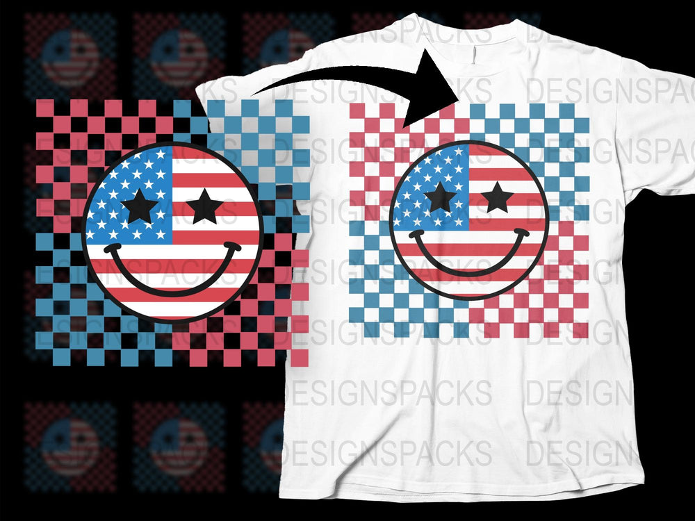 Patriotic Smiley Face T-Shirt, USA Flag Colors, American Independence Day Apparel, Red White Blue Graphic Tee