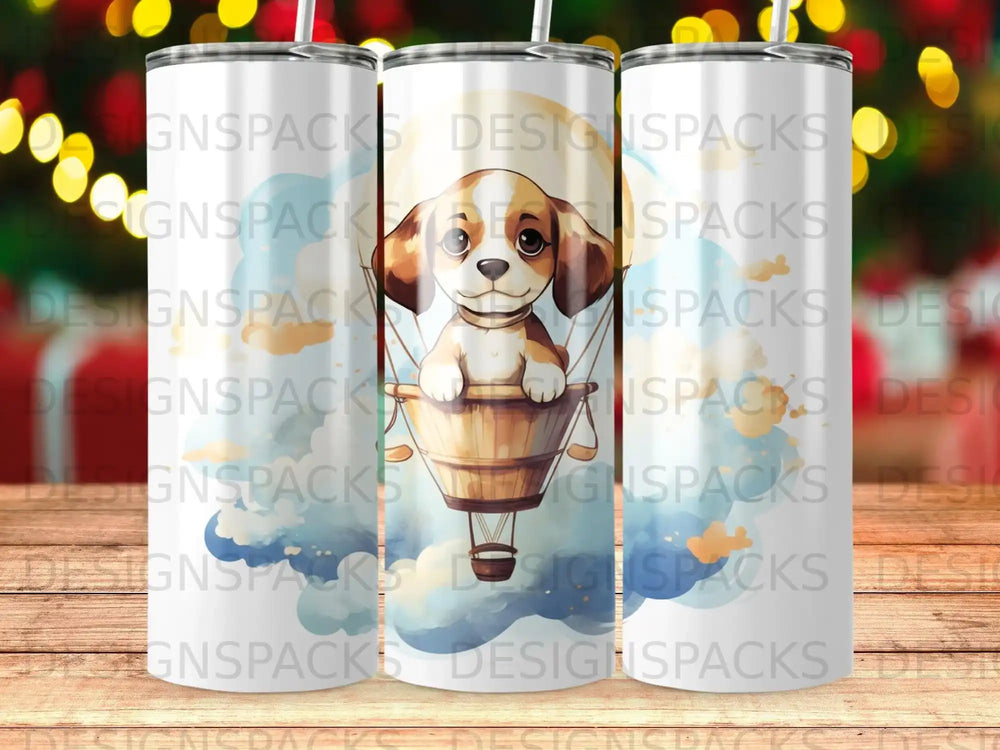 Puppy in hot air balloon, centered, with repeated logo watermark.