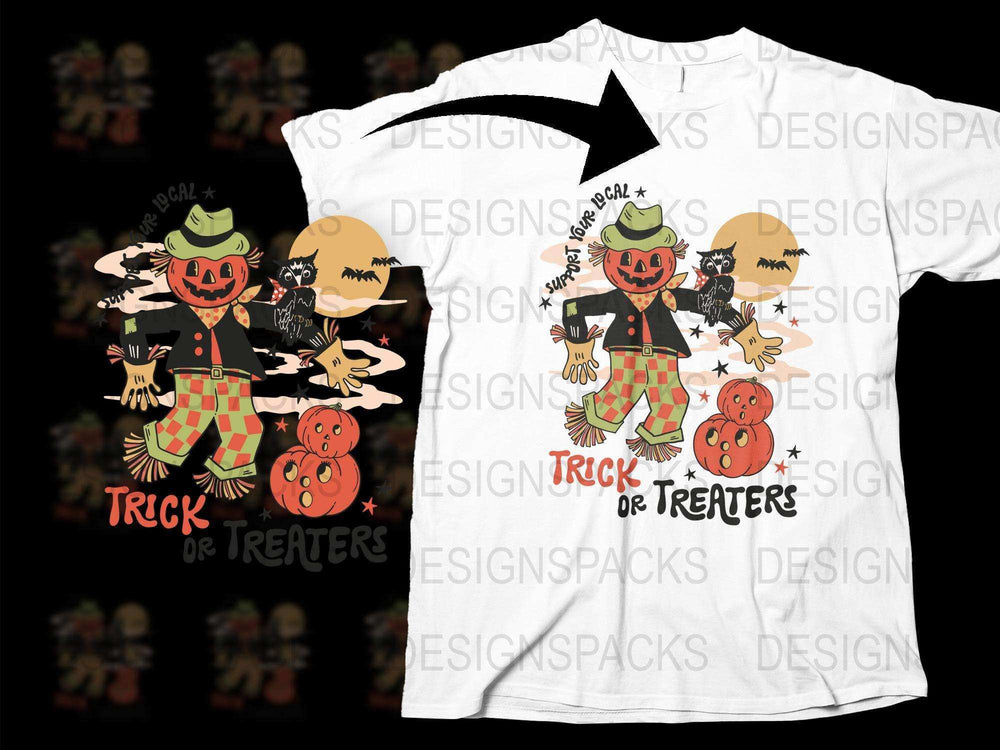 Halloween Scarecrow T-Shirt, Trick or Treaters, Pumpkin Graphic Tee, Spooky Party Costume Shirt, Men's Women's Unisex Clothing