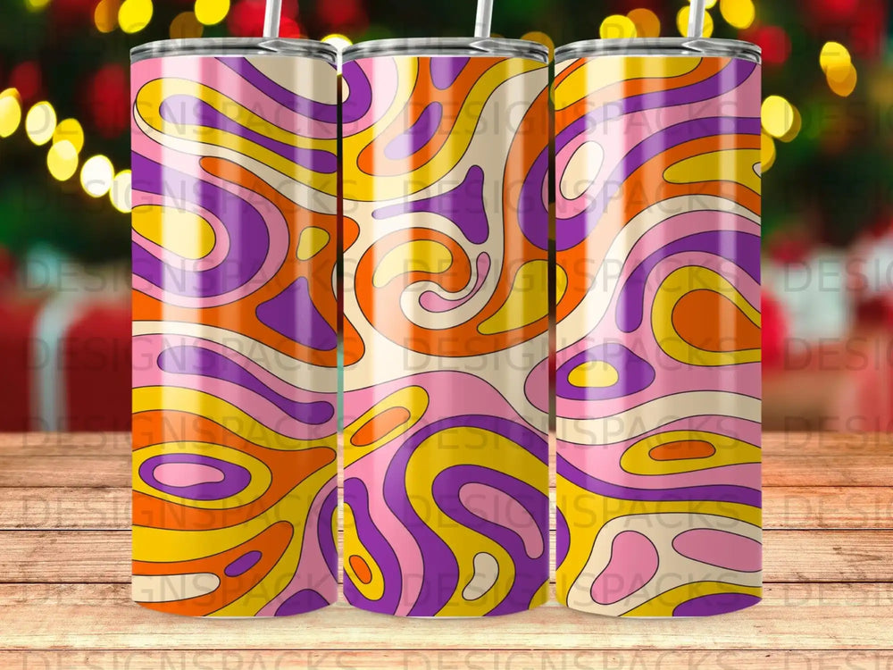 Retro wavy pattern in purple, orange, pink, and yellow on three tumblers.