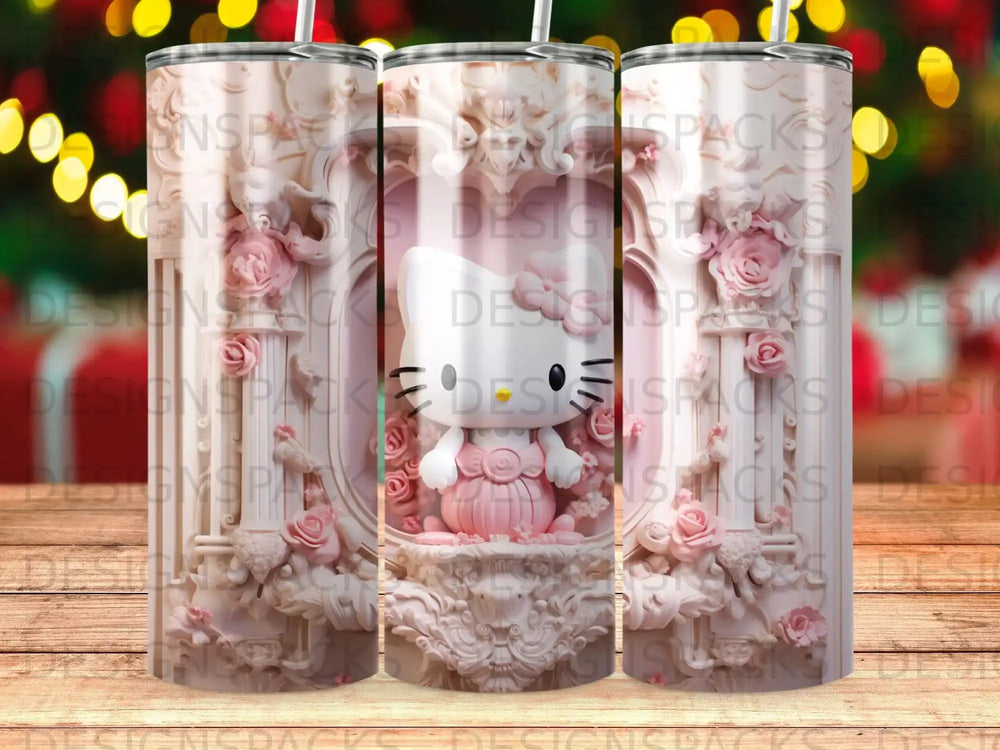 Hello Kitty character in ornate pink rococo-style frame on a patterned tumbler.