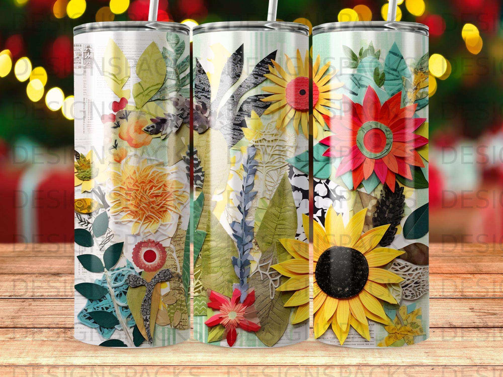 Three tumblers with a floral and leaf collage design, featuring sunflowers and textured paper.