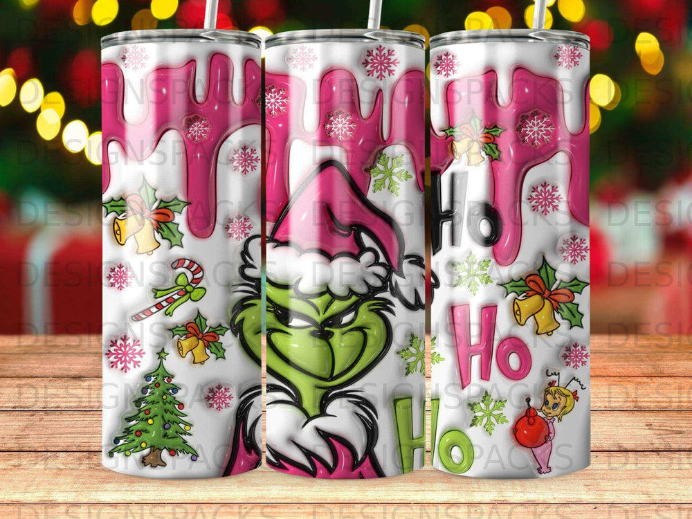 Grinch character wearing Santa hat with "HO HO HO" text and holiday icons.