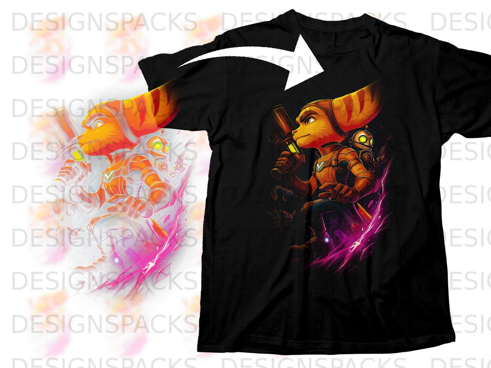 Ratchet and Clank characters on a black t-shirt with glowing pink energy.