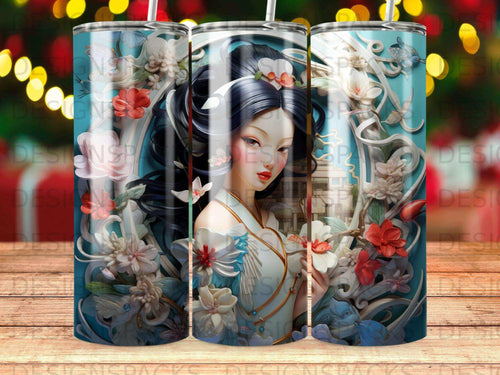 Asian woman with intricate floral designs on a blue background.