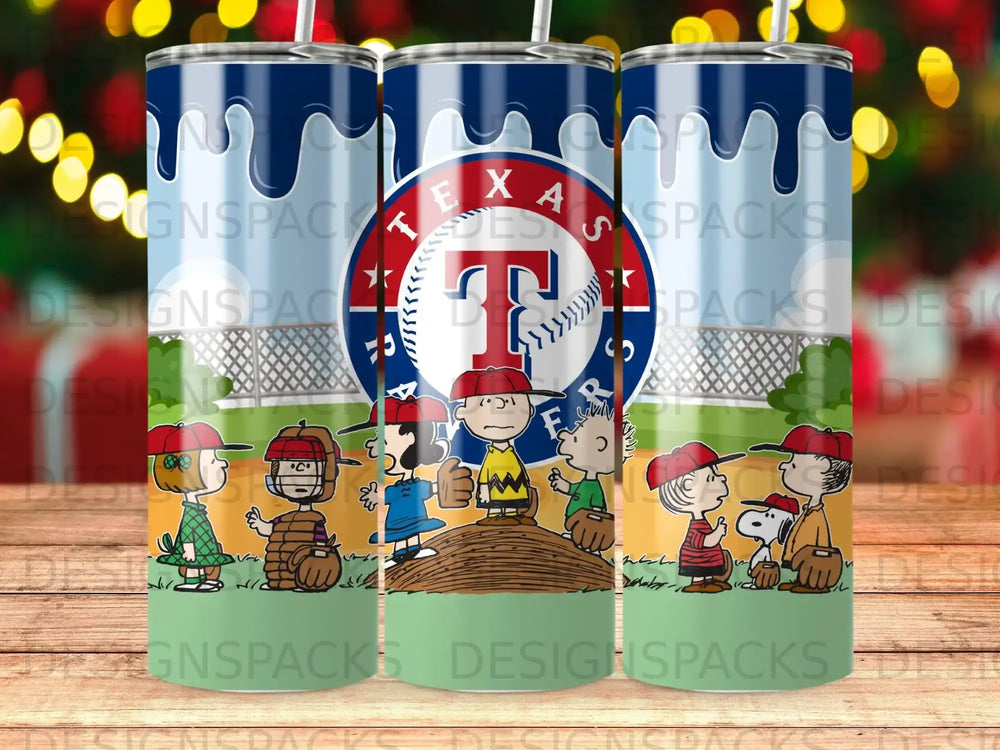 Texas Rangers baseball tumbler featuring cartoon characters playing baseball.