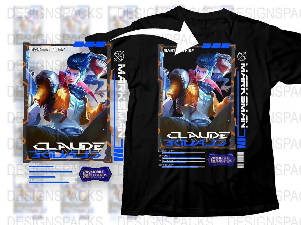 Claude Mobile Legends T-Shirt, Master Thief Graphic Tee, Gaming Apparel, Unisex Black Shirt