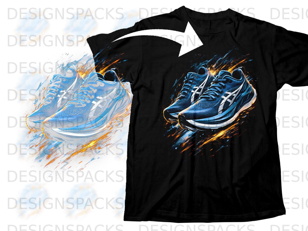 Black t-shirt with a dynamic graphic of blue running shoes with white accents.