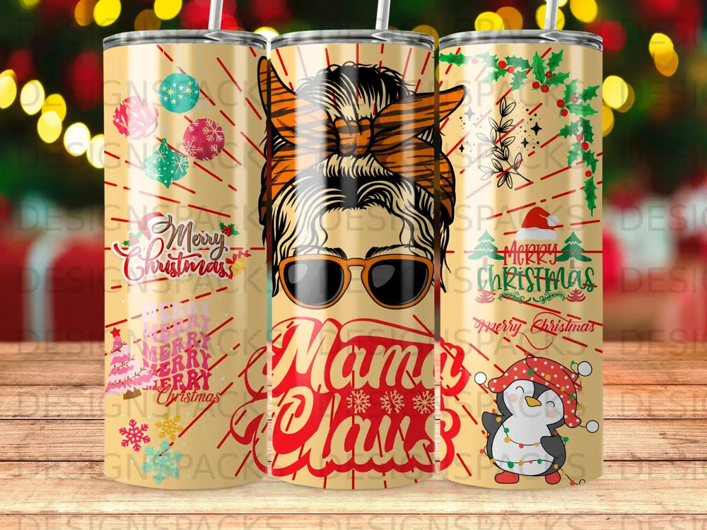 "Mama Claus" text and Christmas characters on a festive tumbler.