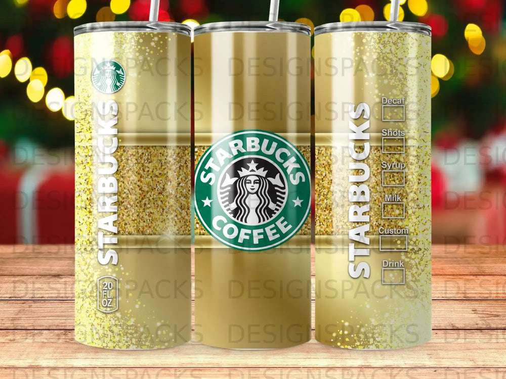 Starbucks tumbler with glitter and coffee drink options list.